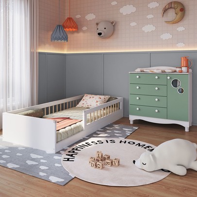 Quarto Infantil Completo Aquarela 1 Porta 4 Gavetas Verde/Branco - Pnr Móveis