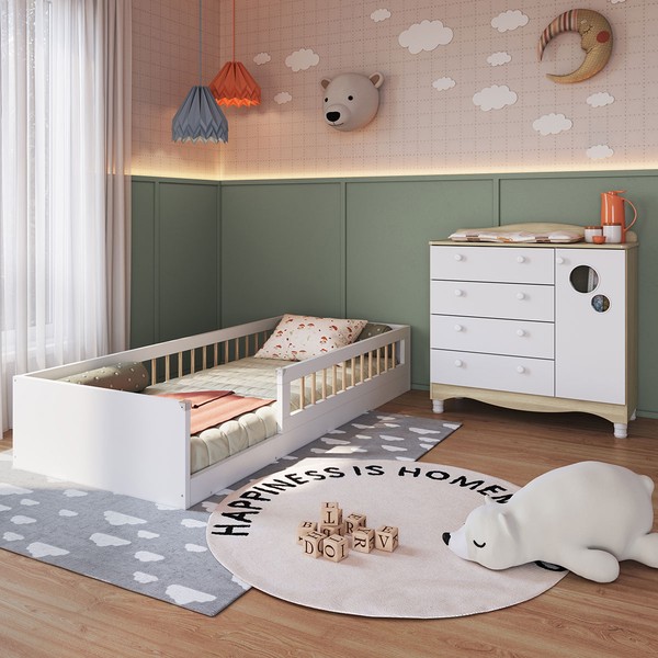 Quarto Infantil Completo Aquarela 1 Porta 4 Gavetas Carvalho Araguaia/Branco - Pnr Móveis