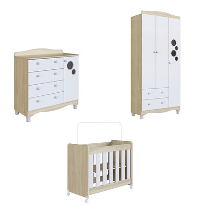 Quarto de Bebê Completo Aquarela 4 em 1 com Colchão Carvalho Araguaia/Branco - Pnr Móveis