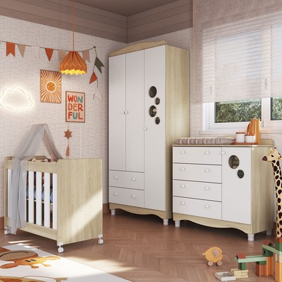 Quarto de Bebê Completo Aquarela 4 em 1 com Colchão Carvalho Araguaia/Branco - Pnr Móveis