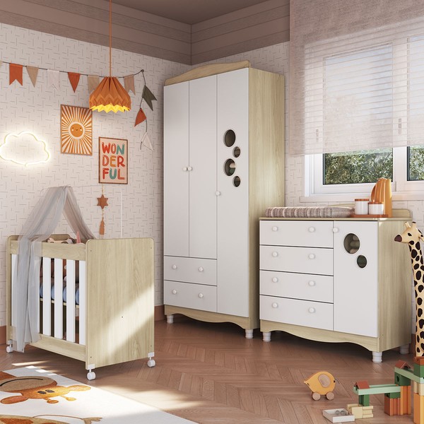 Quarto de Bebê Completo Aquarela 4 em 1 com Colchão Carvalho Araguaia/Branco - Pnr Móveis