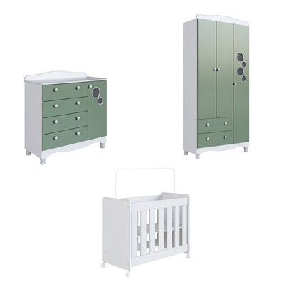 Quarto de Bebê Completo Aquarela 4 em 1 com Colchão Carvalho Verde/Branco - Pnr Móveis