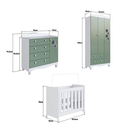 Quarto de Bebê Completo Aquarela 4 em 1 com Colchão Carvalho Verde/Branco - Pnr Móveis