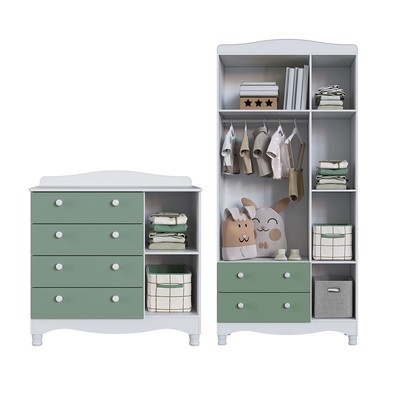 Quarto de Bebê Completo Aquarela 4 em 1 com Colchão Carvalho Verde/Branco - Pnr Móveis