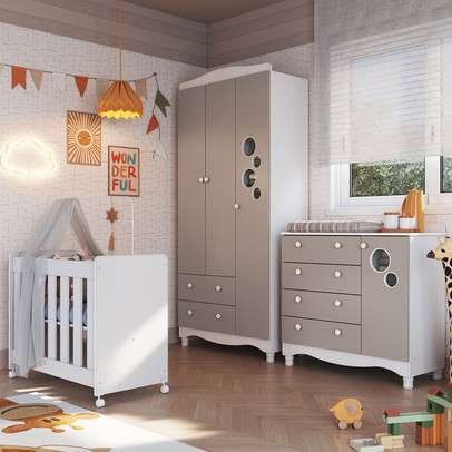 Quarto de Bebê Completo Aquarela 4 em 1 com Colchão Cinnamon/Branco - Pnr Móveis