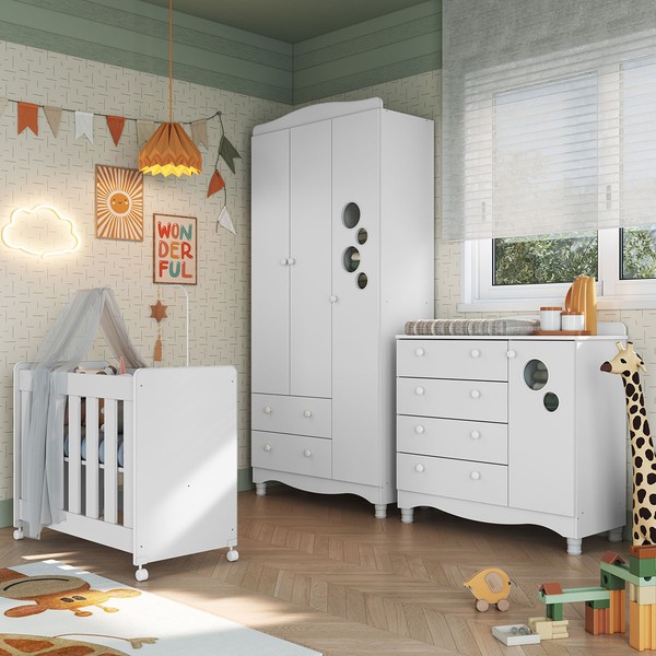 Quarto de Bebê Completo Aquarela 4 em 1 com Colchão Branco - Pnr Móveis