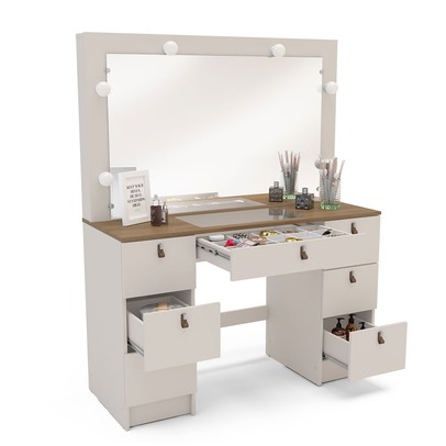 Penteadeira Camarim França 7 Gavetas com Vidro Off White/Freijó - Politorno