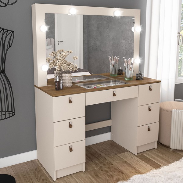 Penteadeira Camarim França 7 Gavetas com Vidro Off White/Freijó - Politorno