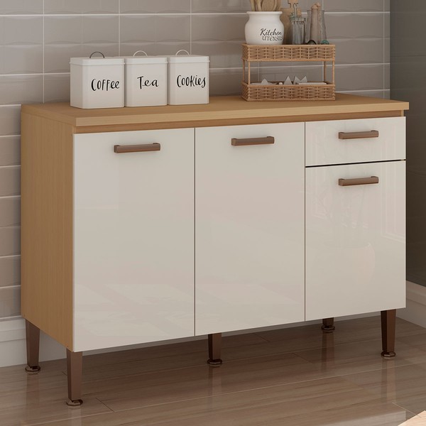Balcão de Cozinha 3 Portas 1 Gaveta 100% Mdf Cb0085 Freijó/Off White Laca Brilho - Genialflex