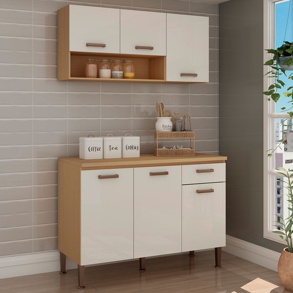 Cozinha Compacta 6 Portas 1 Gaveta 100% Mdf Cb0086 Freijó/Off White Laca Brilho - Genialflex