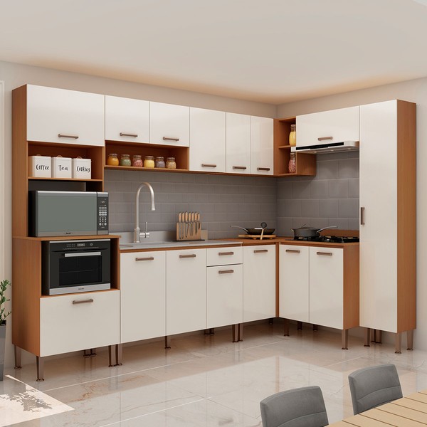 Cozinha Completa 15 Portas 1 Gaveta 100% Mdf Cm0070 Freijó/Off White - Genialflex