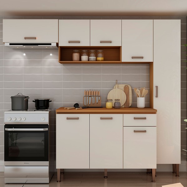 Cozinha Compacta 8 Portas 1 Gaveta 100% Mdf Cm0091 Freijó/White Laca Brilho - Genialflex