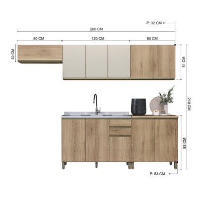 Cozinha Completa Dinamarca 11 Portas 2 Gavetas com Vidro 6123.165 Castani - Indékes