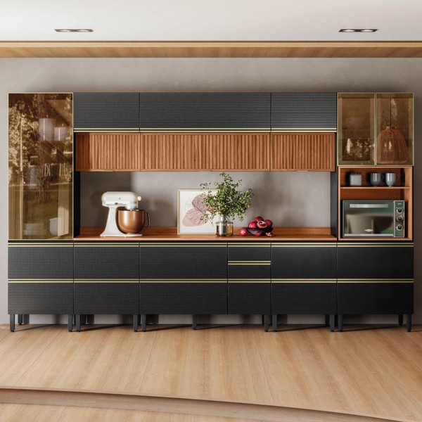 Cozinha Completa Proença 12 Portas 10 Gavetas Ripado 100% Mdf com Vidro D3702rp Nogueira/Carbono Prime Tx - Demobile