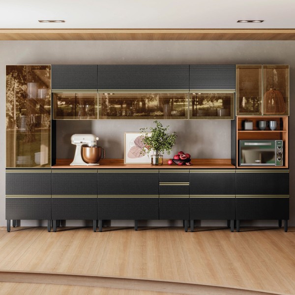 Cozinha Completa Proença 12 Portas 10 Gavetas 100% Mdf com Vidro Dp3702rf Nogueira/Carbono Prime Tx - Demobile