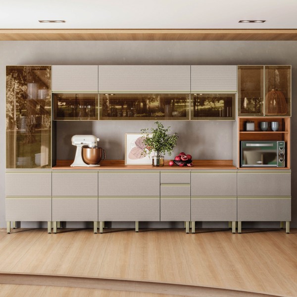 Cozinha Completa Proença 12 Portas 10 Gavetas 100% Mdf com Vidro Dp3702rf Nogueira/Nude Prime Tx - Demobile