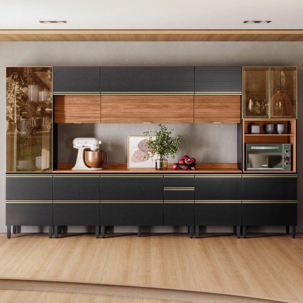 Cozinha Completa Proença 12 Portas 10 Gavetas 100% Mdf com Vidro Dp3702mf Nogueira/Carbono Prime Tx - Demobile