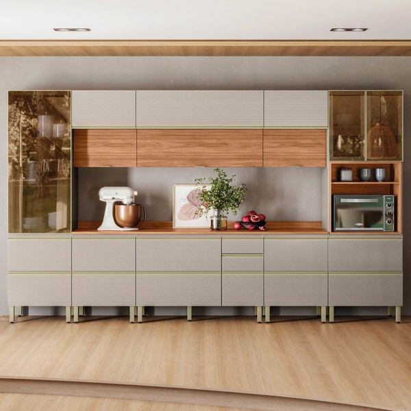 Cozinha Completa Proença 12 Portas 10 Gavetas 100% Mdf com Vidro Dp3702mf Nogueira/Nude Prime Tx - Demobile