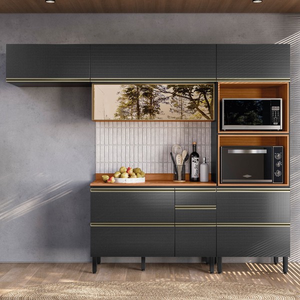 Cozinha Completa Proença 6 Portas 5 Gavetas 100% Mdf com Vidro Dp2704rf Nogueira/Carbono - Demóbile