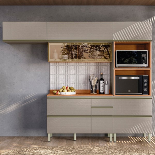 Cozinha Completa Proença 6 Portas 5 Gavetas 100% Mdf com Vidro Dp2704rf Nogueira/Nude - Demóbile