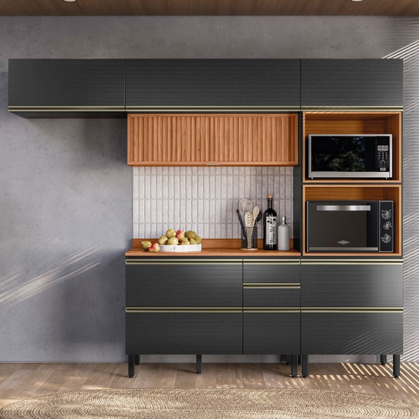 Cozinha Completa Proença 6 Portas 5 Gavetas Ripado 100% Mdf Dp2704rp Nogueira/Carbono - Demobile