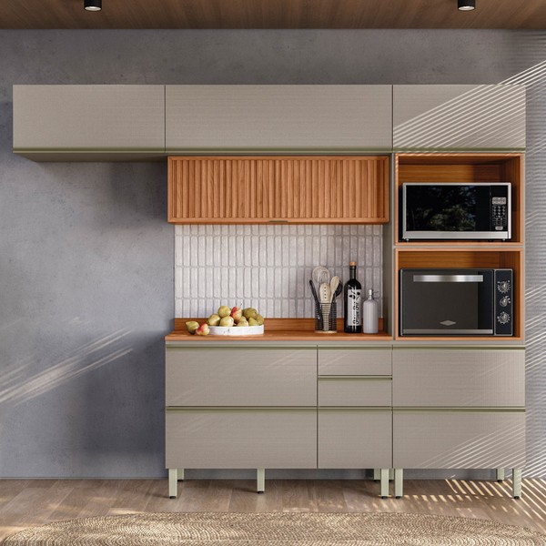 Cozinha Completa Proença 6 Portas 5 Gavetas Ripado 100% Mdf Dp2704rp Nogueira/Nude - Demobile