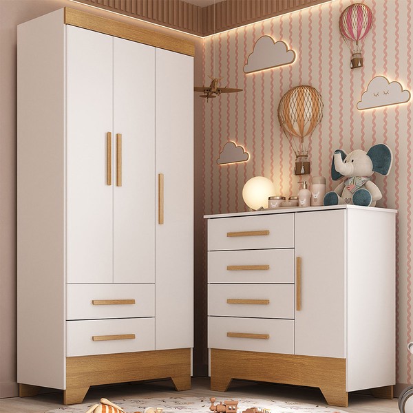 Quarto Infantil Completo Soninho 4 Portas 6 Gavetas Branco/Cinamomo - Panorama Móveis