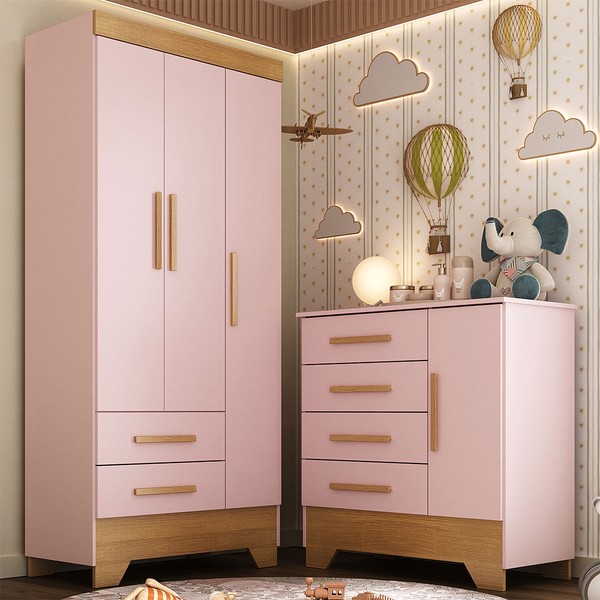 Quarto Infantil Completo Soninho 4 Portas 6 Gavetas Rosa/Cinamomo - Panorama Móveis
