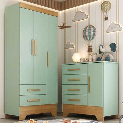 Quarto Infantil Completo Soninho 4 Portas 6 Gavetas Verde/Cinamomo - Panorama Móveis