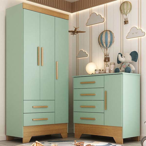 Quarto Infantil Completo Soninho 4 Portas 6 Gavetas Verde/Cinamomo - Panorama Móveis