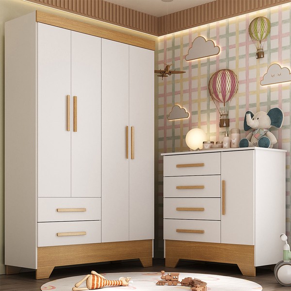 Quarto Infantil Completo Soninho 5 Portas 6 Gavetas Branco/Cinamomo - Panorama Móveis