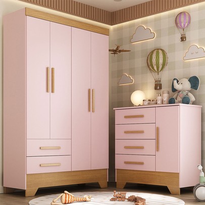 Quarto Infantil Completo Soninho 5 Portas 6 Gavetas Rosa/Cinamomo - Panorama Móveis