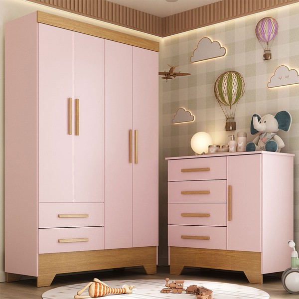 Quarto Infantil Completo Soninho 5 Portas 6 Gavetas Rosa/Cinamomo - Panorama Móveis