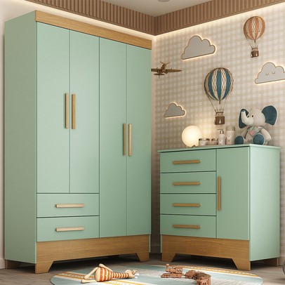 Quarto Infantil Completo Soninho 5 Portas 6 Gavetas Verde/Cinamomo - Panorama Móveis