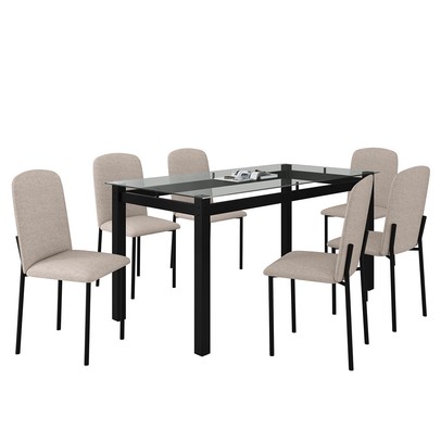 Mesa de Jantar 6 Lugares Tokio Classic com Vidro Preto/Bege - Art Panta