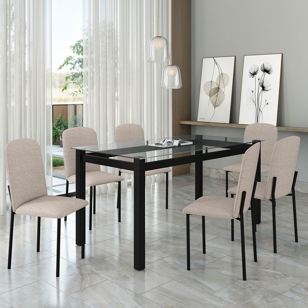 Mesa de Jantar 6 Lugares Tokio Classic com Vidro Preto/Bege - Art Panta