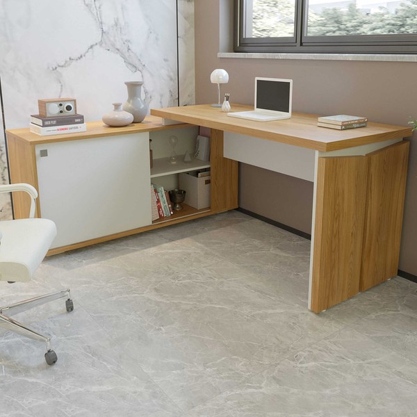 Mesa Escrivaninha Smart 1 Porta 2 Prateleiras Olmo/Branco - Artany Móveis