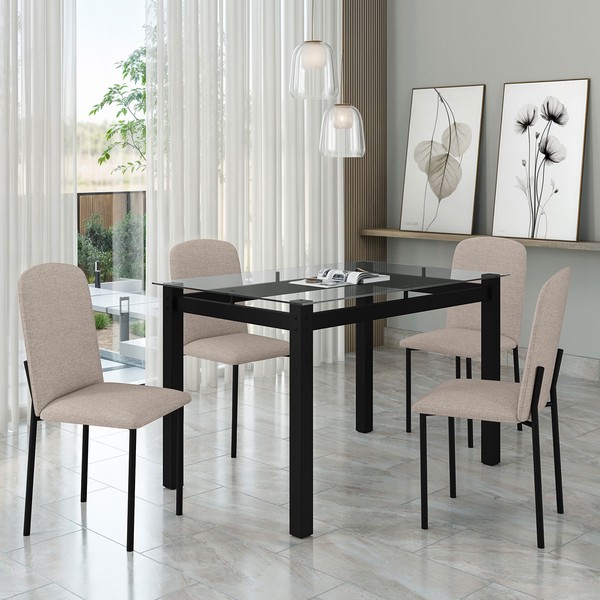 Mesa de Jantar 4 Lugares Tokio Classic com Vidro Preto/Bege - Art Panta