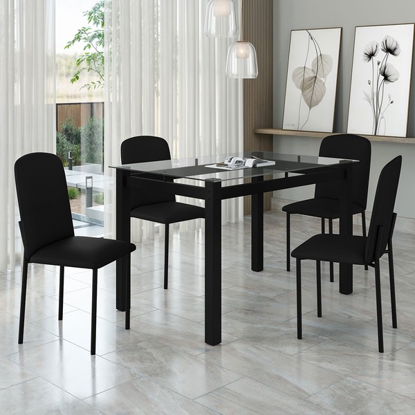 Mesa de Jantar 4 Lugares Tokio Classic com Vidro Preto - Art Panta
