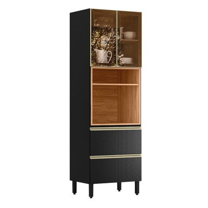 Paneleiro Proença 70 Cm 3 Portas 1 Gaveta 100% Mdf com Vidro Nogueira/Carbono - Demóbile