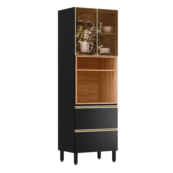 Paneleiro Proença 70 Cm 3 Portas 1 Gaveta 100% Mdf com Vidro Nogueira/Carbono - Demóbile