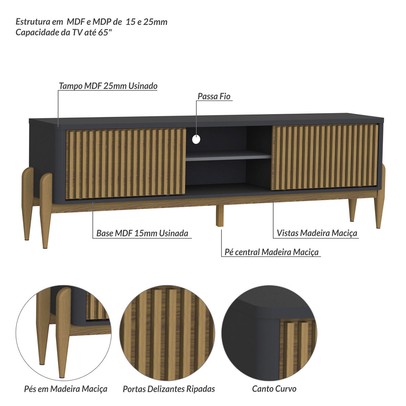 Rack para TV Até 65 Polegadas Sereno 2 Portas 1 Prateleira Preto/Cedro - Olivar Móveis