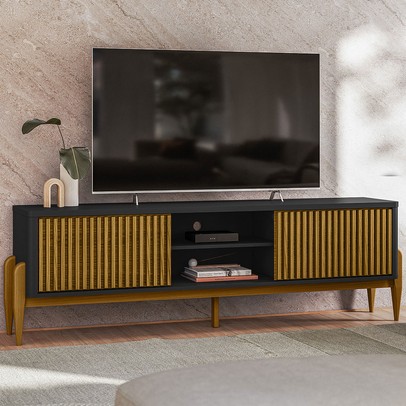 Rack para TV Até 65 Polegadas Sereno 2 Portas 1 Prateleira Preto/Cedro - Olivar Móveis