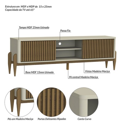 Rack para TV Até 65 Polegadas Sereno 2 Portas 1 Prateleira Off White/Cedro - Olivar Móveis