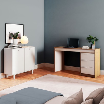 Escritório Completo 2 Portas 3 Gavetas Branco Bkd - Brv