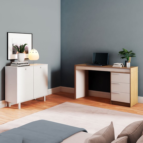 Escritório Completo 2 Portas 3 Gavetas Branco Bkd - Brv