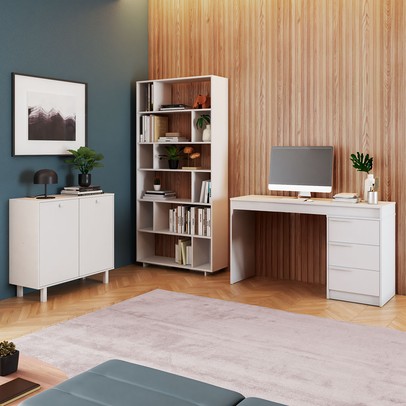 Escritório Completo 2 Portas 3 Gavetas Branco Bko - Brv