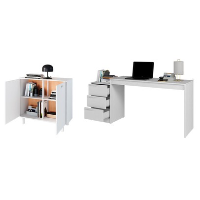 Escritório Completo 2 Portas 3 Gavetas Branco Bko - Brv