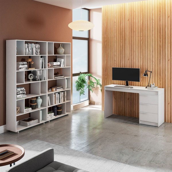 Escritório Completo 3 Gavetas 10 Prateleiras Branco Bko - Brv