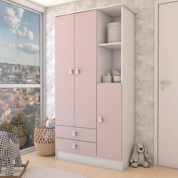 Guarda-Roupa Infantil Prince 3 Portas 2 Gavetas Rosa - Panorama Móveis
